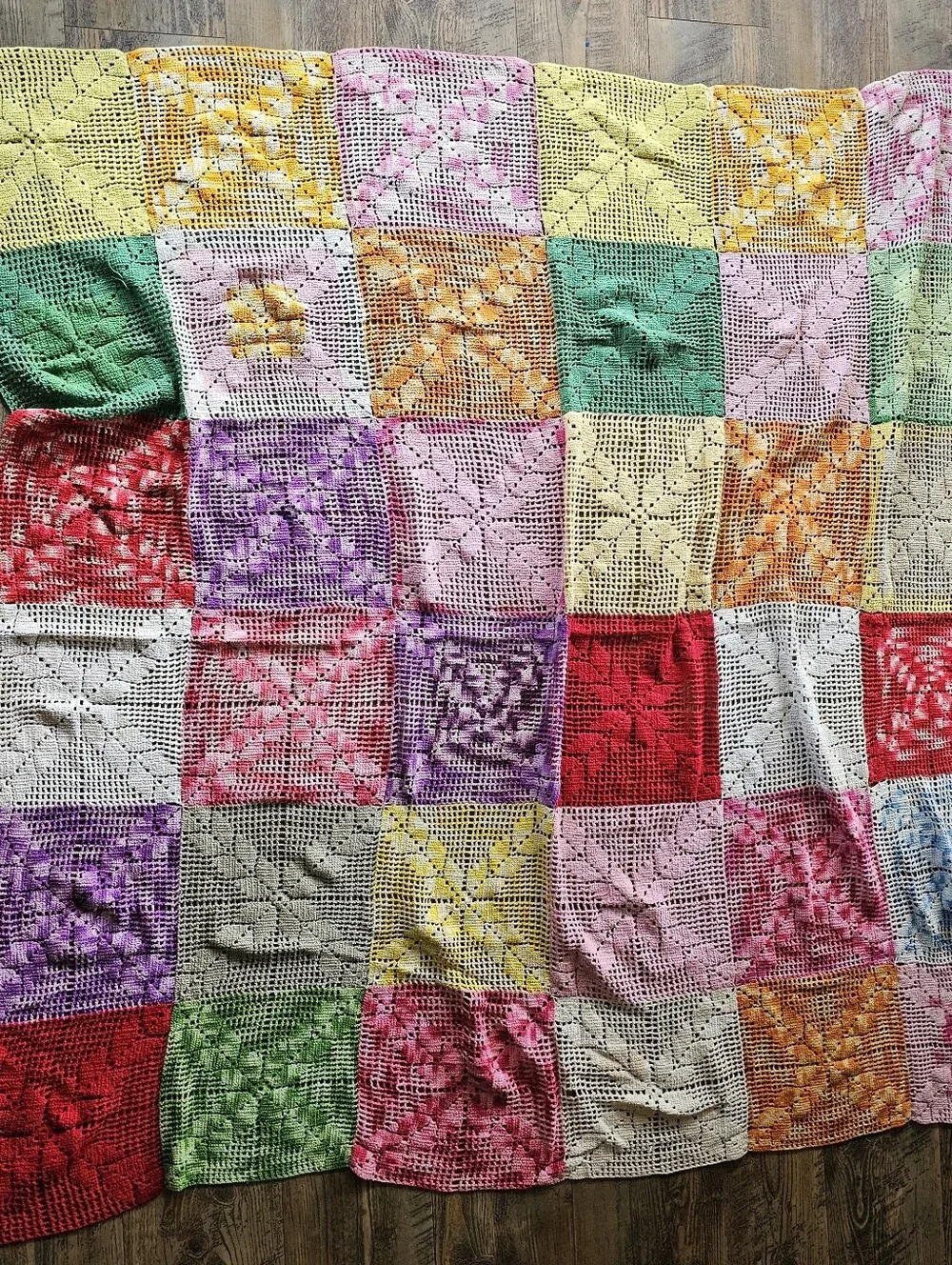 VINTAGE Handmade String Patchwork Diamond- In-Square Design Throw Blanket